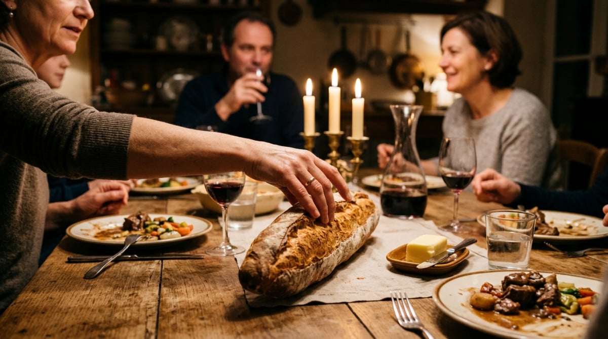 Main retournant une baguette posée à l'envers sur une table