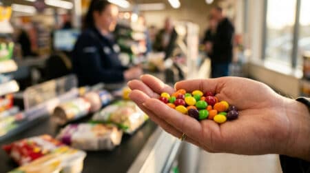 Main tenant des bonbons Skittles colorés en supermarché