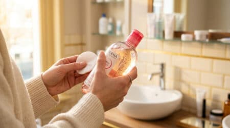 Main tenant un flacon Bioderma Sensibio en pharmacie
