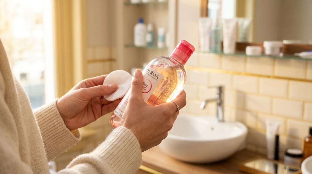 Main tenant un flacon Bioderma Sensibio en pharmacie