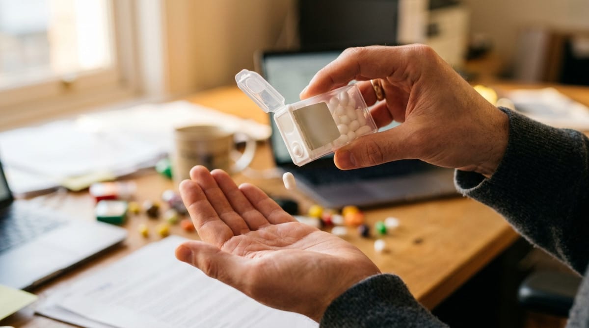Main tenant une boîte de Tic Tac ouverte avec une pastille