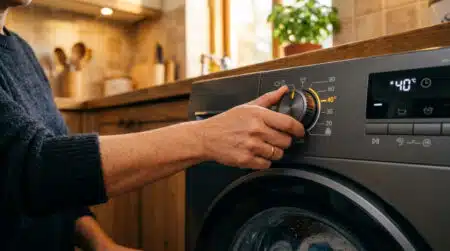 Main tournant le sélecteur de température d'une machine à laver