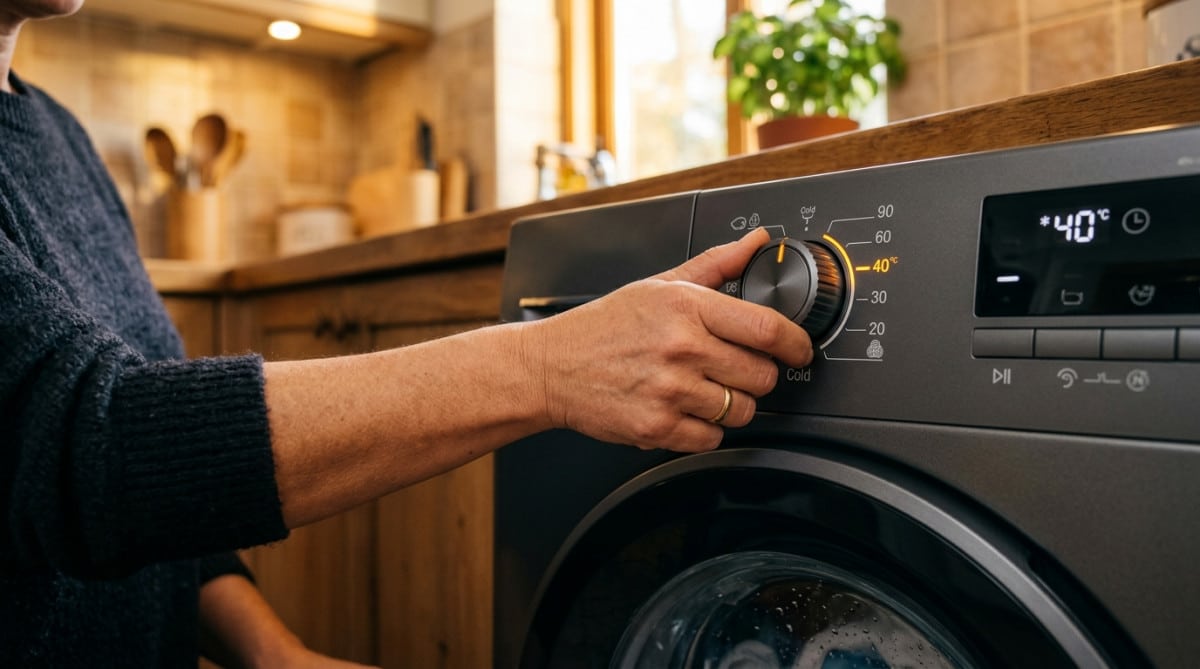 Main tournant le sélecteur de température d'une machine à laver