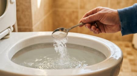 Main versant du bicarbonate dans une cuvette de toilettes