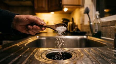 Main versant du gros sel dans un évier de cuisine