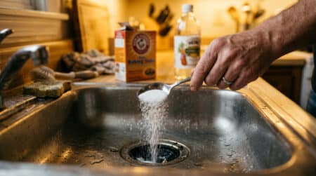 Main versant du sucre en poudre dans un évier