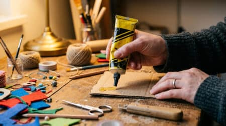 Mains appliquant de la colle UHU sur du carton