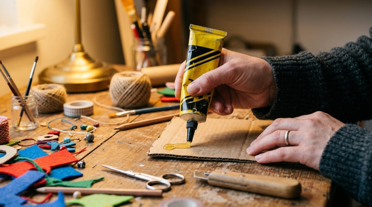 Mains appliquant de la colle UHU sur du carton