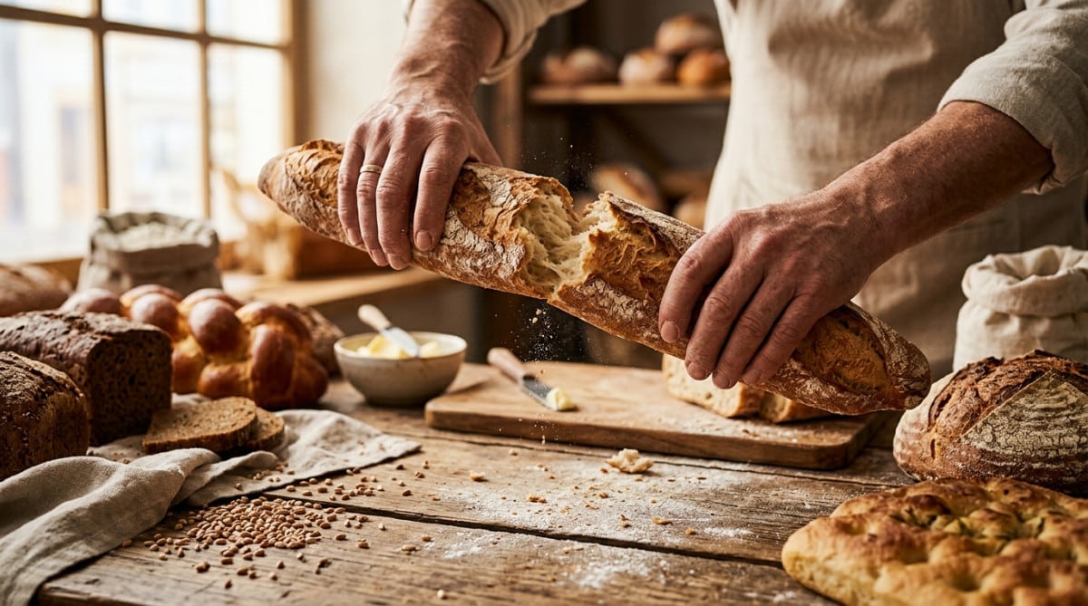 Mains coupant du pain frais sur une table en bois