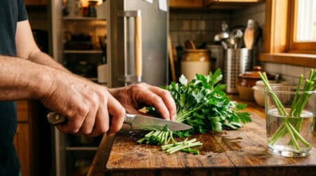 Mains coupant les tiges de persil frais sur une planche
