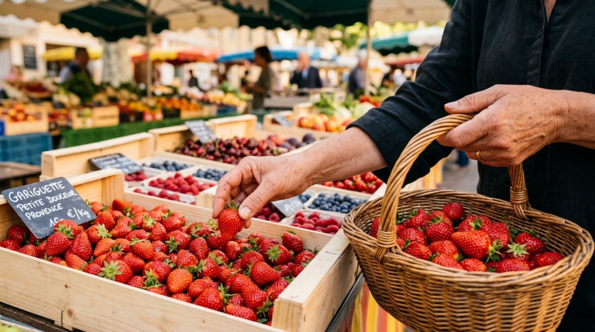 Mains cueillant des fraises Gariguette sur un marché