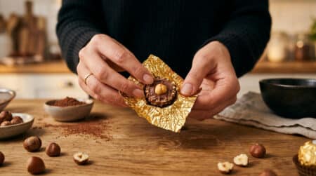 Mains déballant un Ferrero Rocher doré avec noisette visible