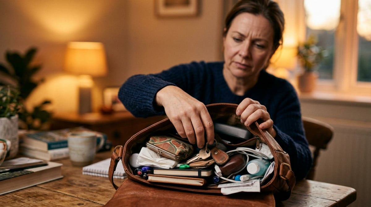 Mains fouillant un sac à la recherche de clés