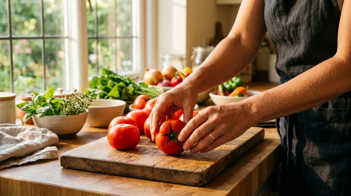 Mains posant des tomates tige vers le bas sur une planche