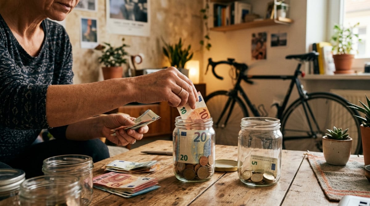 Mains répartissant des euros dans des bocaux de budget