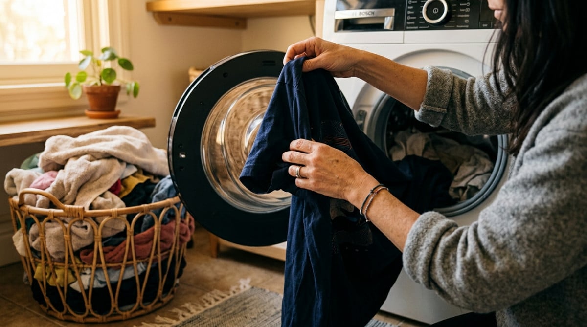 Mains retournant un t-shirt imprimé avant lavage