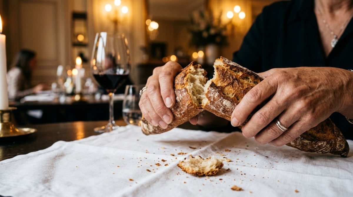Mains rompant un morceau de pain sur une nappe blanche