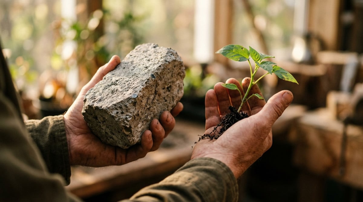 Mains tenant un bloc de béton et une petite plante verte