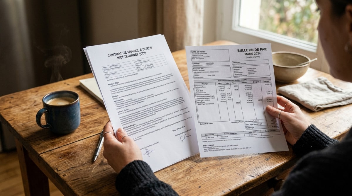 Mains tenant un contrat de travail et un bulletin de paie