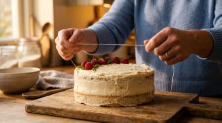 Mains tenant un fil dentaire tendu au-dessus d'un gâteau