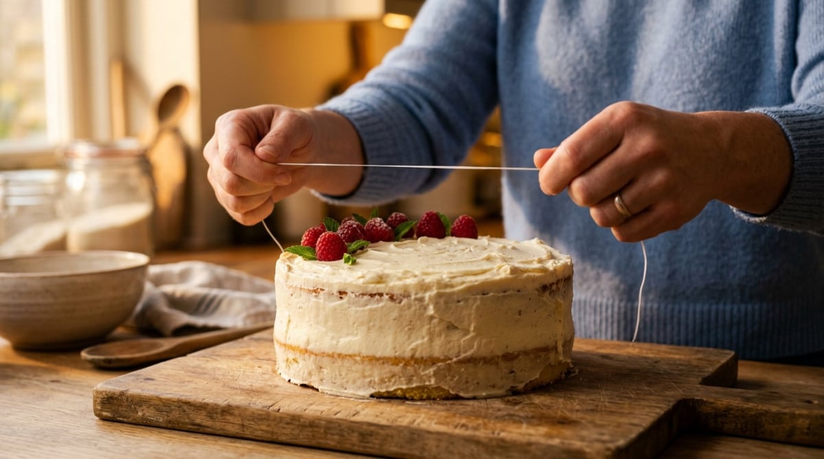 Mains tenant un fil dentaire tendu au-dessus d'un gâteau
