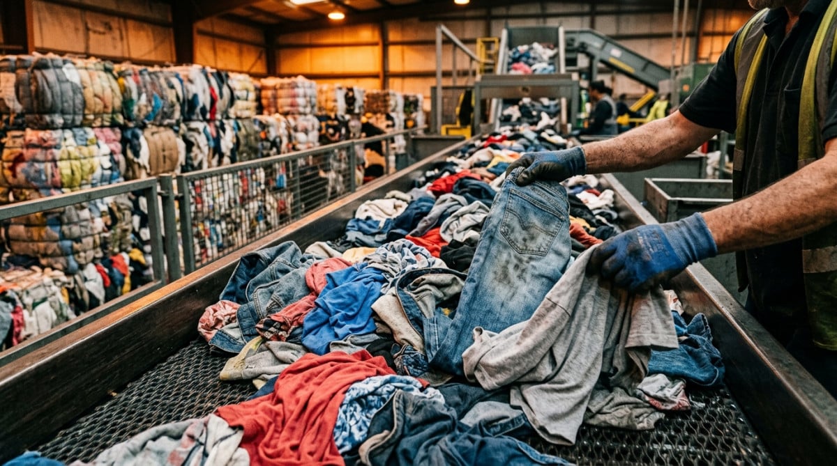 Mains triant des jeans usagés sur un tapis de recyclage textile
