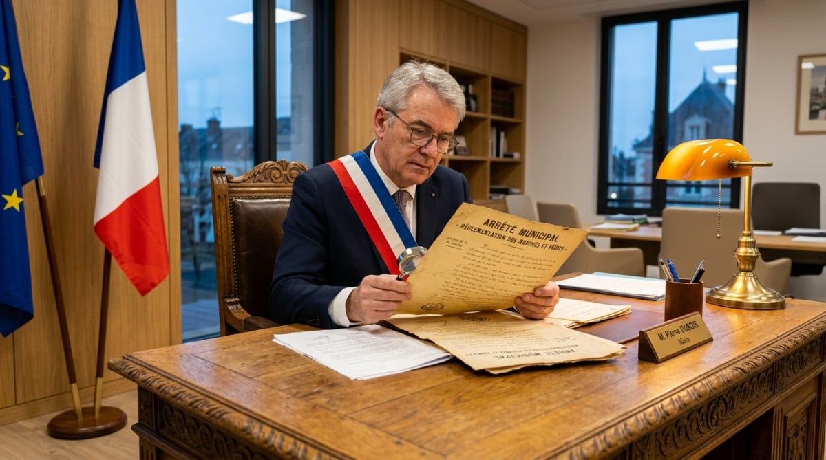 Maire français examinant un arrêté municipal ancien sur les jours de marché