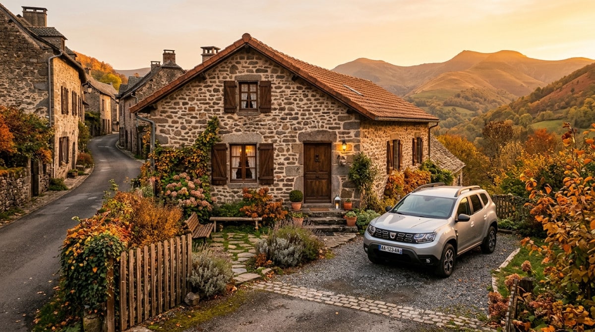 Maison en pierre avec voiture dans le Cantal