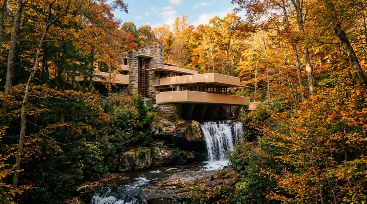 Maison Fallingwater de Frank Lloyd Wright au-dessus d'une cascade
