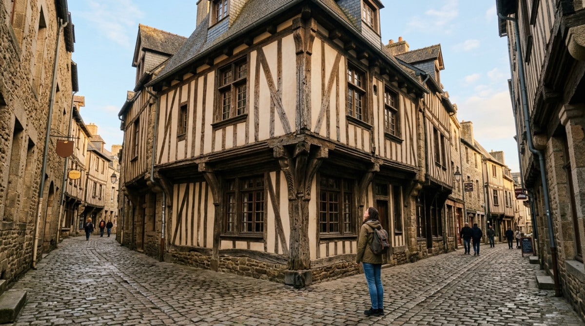 Maison médiévale à colombages avec encorbellement sur rue pavée