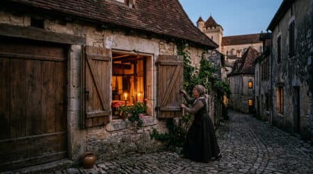 Maison médiévale française avec volets en bois fermés au crépuscule
