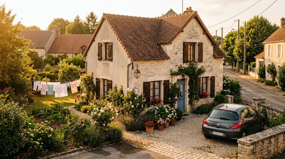Maison modeste avec jardin dans une ville de province