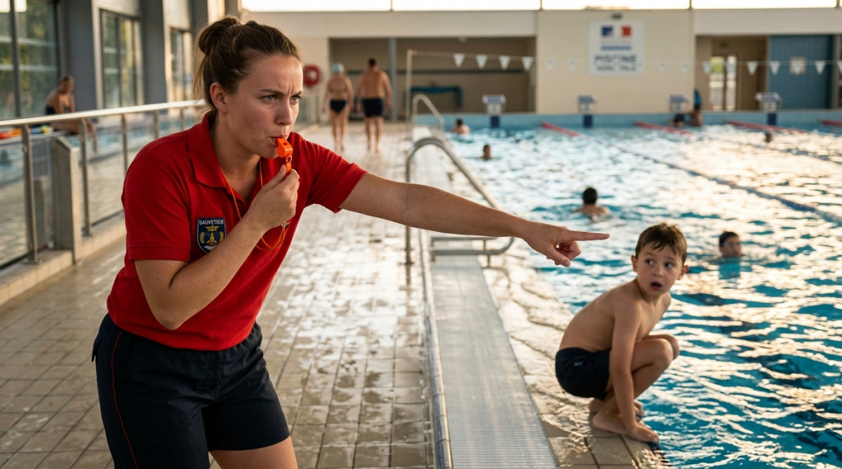 Maître-nageur surveillant les baigneurs à la piscine municipale