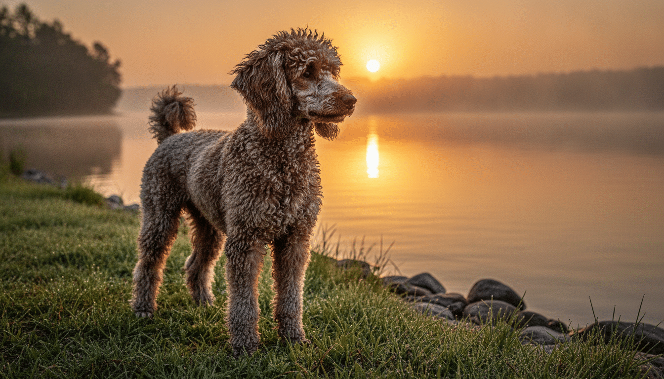 Caniche standard au bord d'un lac à l'aube