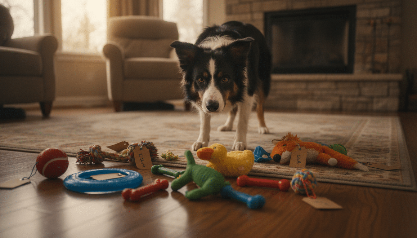 Border Collie concentré devant des jouets au sol
