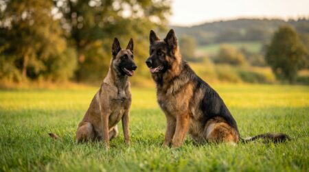 Malinois et Berger allemand assis côte à côte sur l'herbe