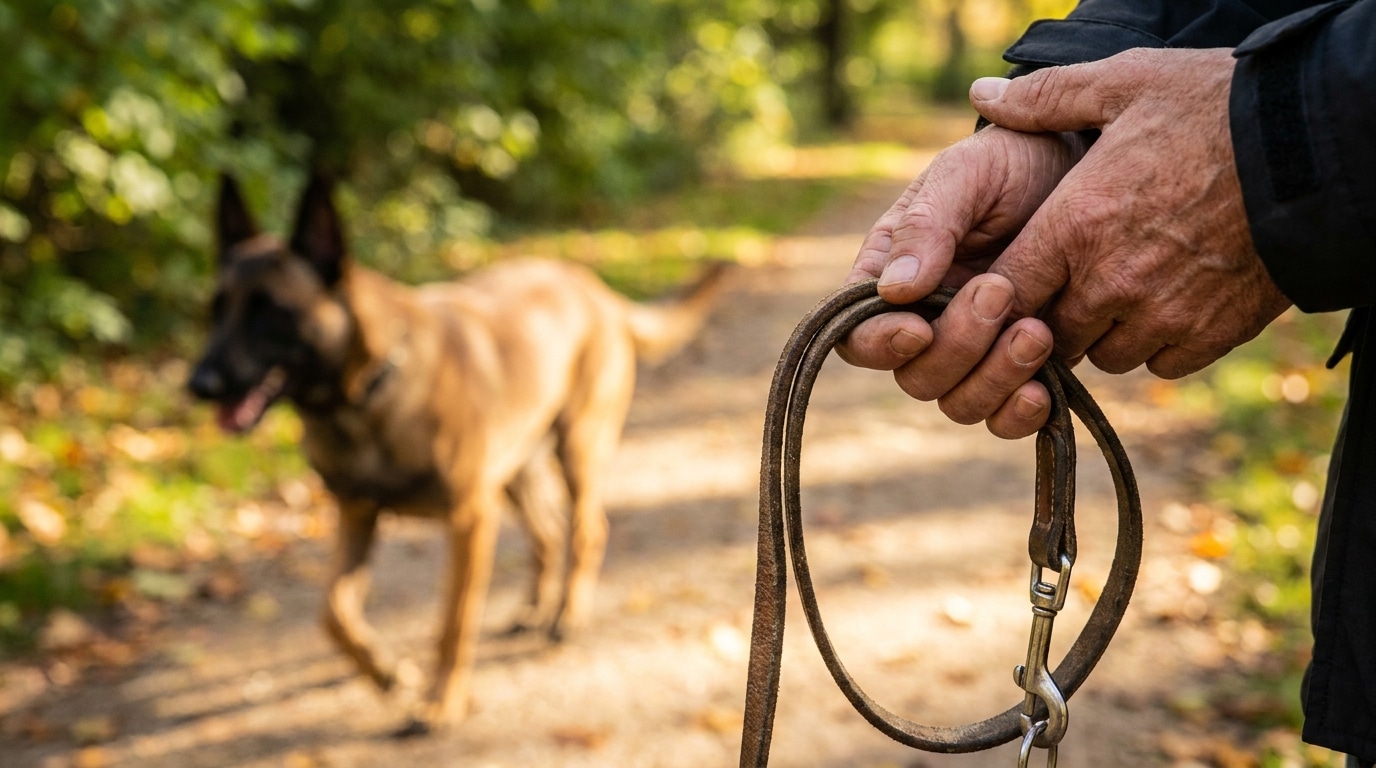 Mains tenant une laisse pendant qu'un Malinois court dans un parc