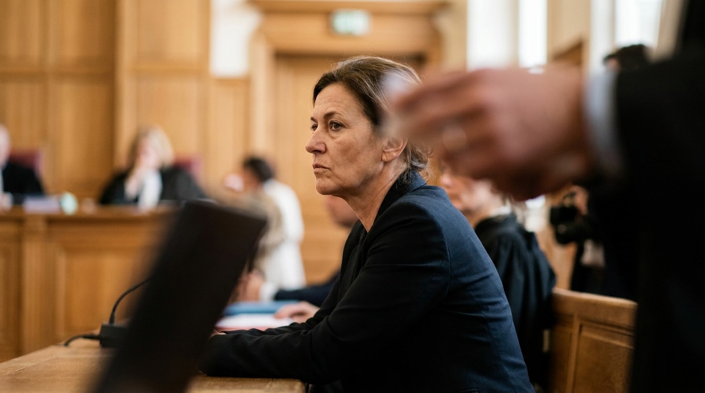 Femme assise dans un tribunal français, regard froid et tendu