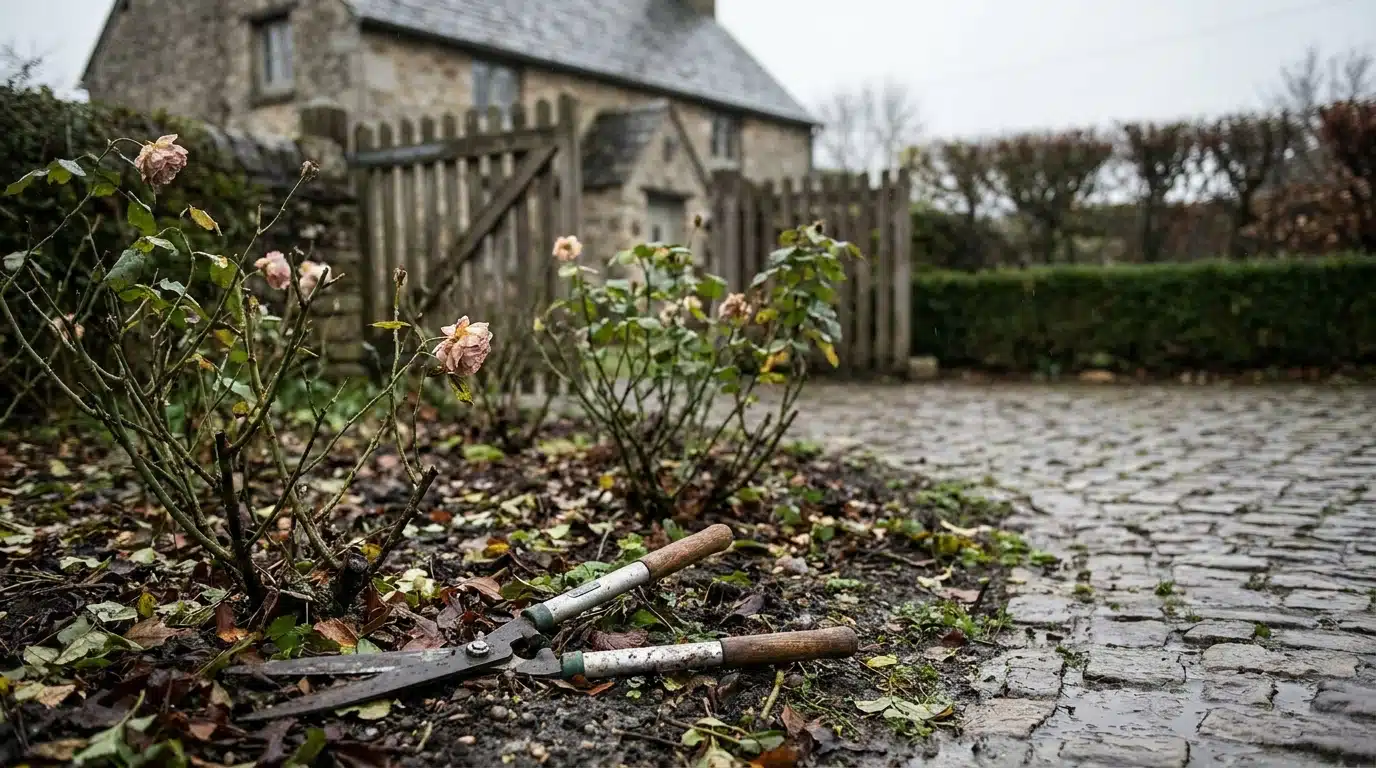 Sécateur abandonné près de rosiers devant une maison de village