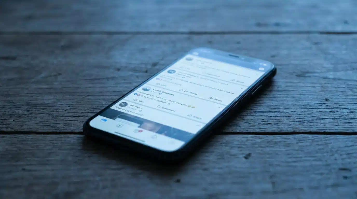 Smartphone affichant un fil de réseaux sociaux sur une table