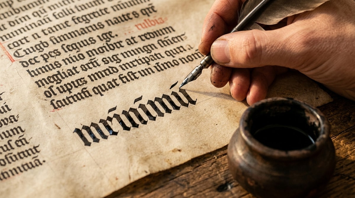 Manuscrit médiéval en écriture gothique avec un point ajouté sur le i