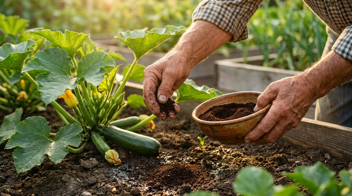 Mains d'un jardinier versant du marc de café au pied de courgettes