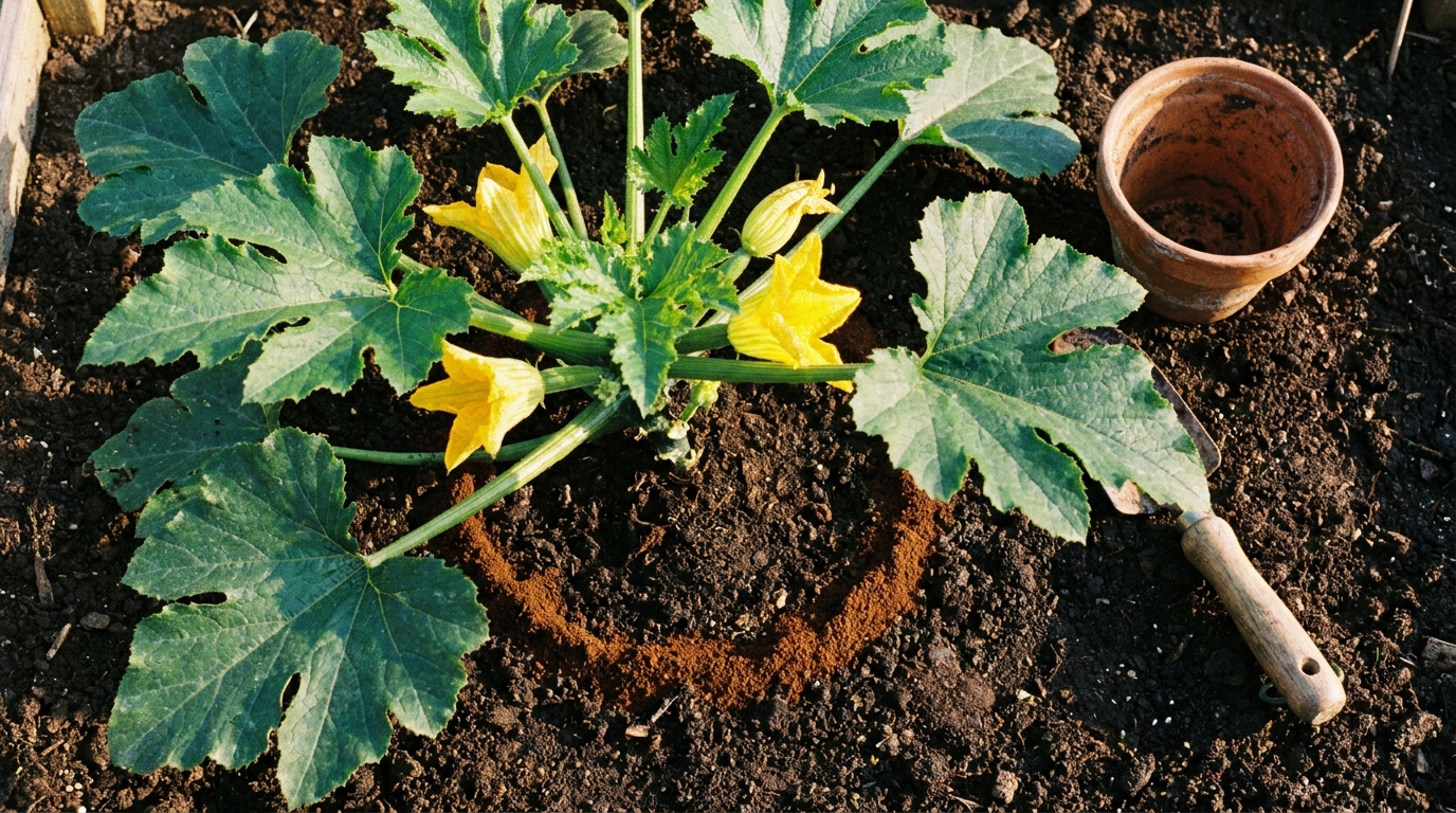Plant de courgette entouré de marc de café séché en été