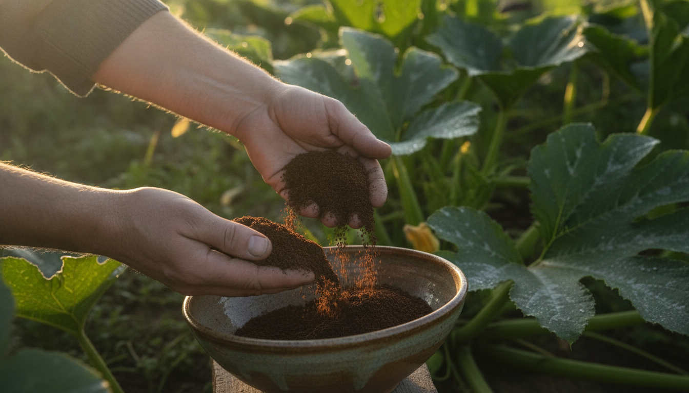 Mains récupérant du marc de café séché pour le potager