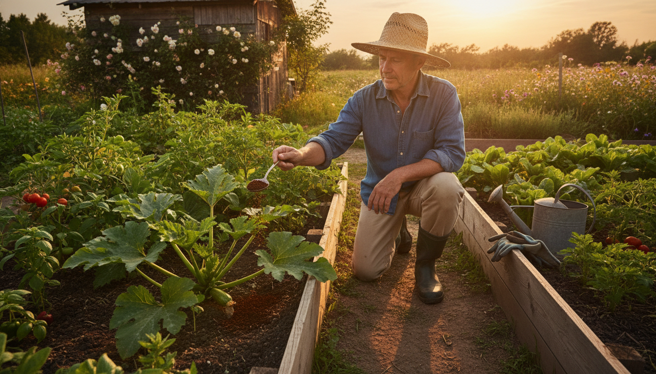 Jardinier versant du marc de café séché au pied de courgettes