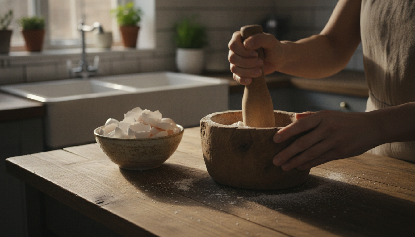 Coquilles d'œufs broyées en poudre dans un mortier
