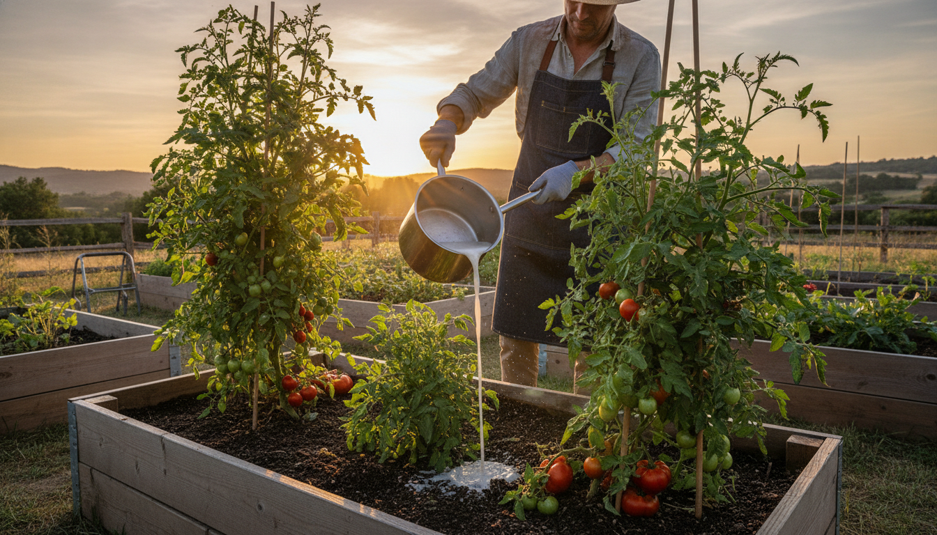 Eau de cuisson versée au pied de plants de tomates