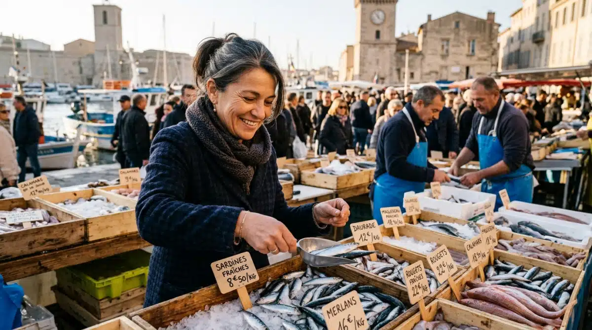 Marché aux poissons dans une ville côtière française