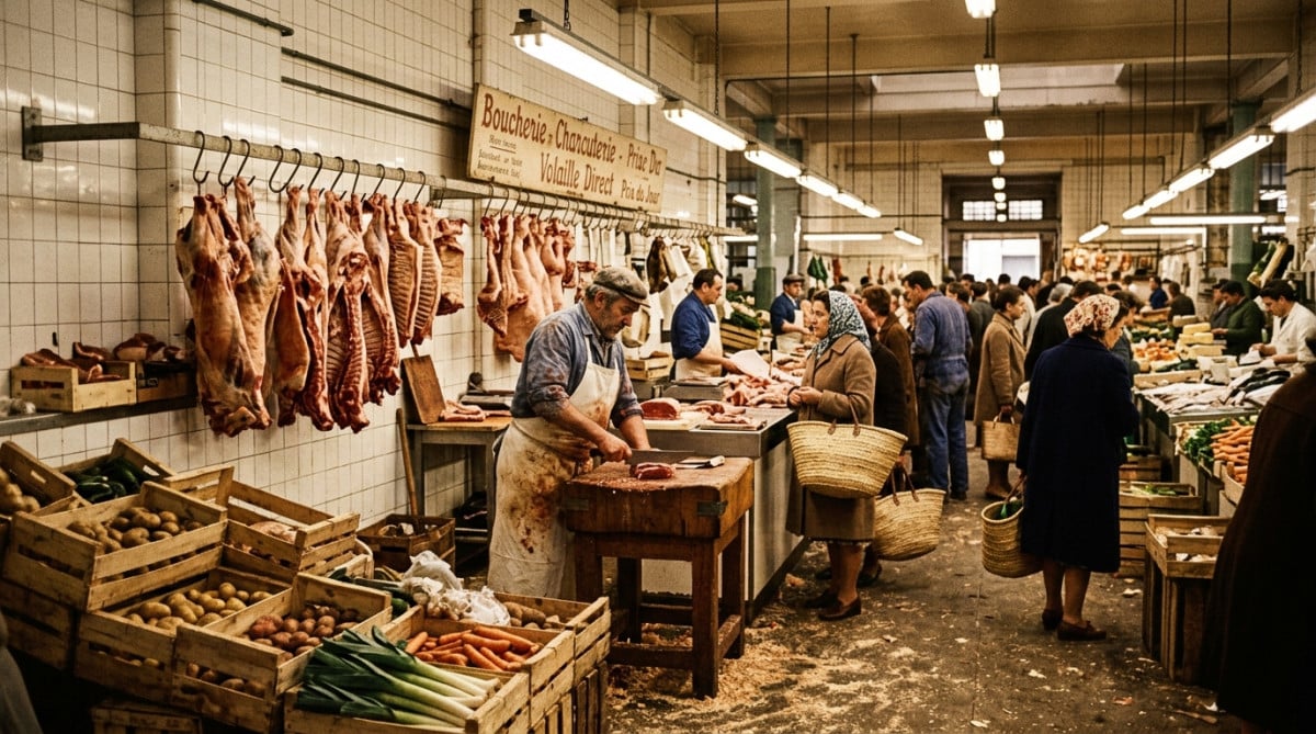 Marché couvert français des années 1970 avec étals de viande et cageots