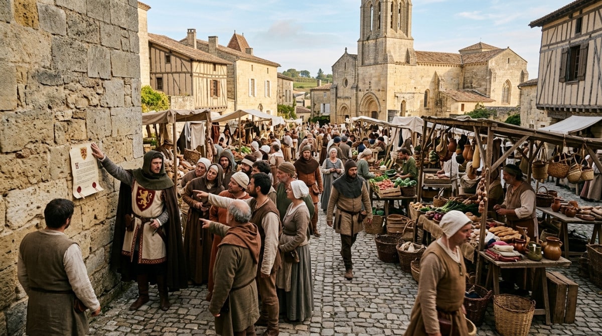 Marché médiéval français sur une place de village en pierre